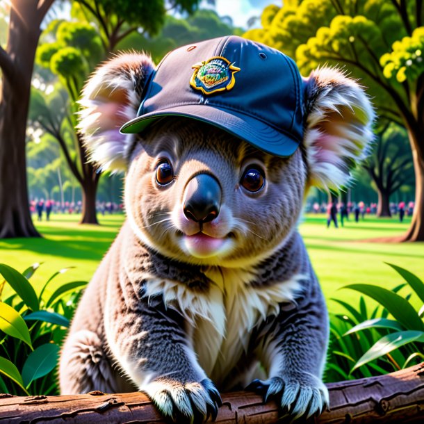 Foto de un koala en un gorro en el parque