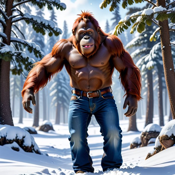 Pic of a orangutan in a jeans in the snow