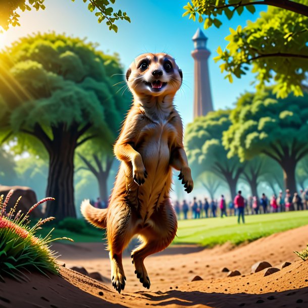 Photo of a jumping of a meerkat in the park