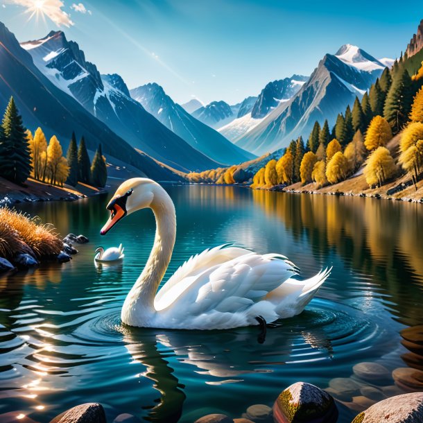 Image of a swimming of a swan in the mountains