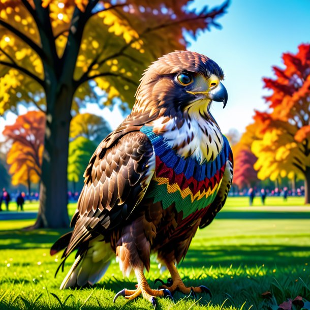 Image of a hawk in a sweater in the park