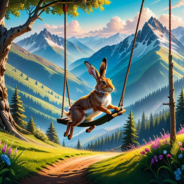 Image of a swinging on a swing of a hare in the mountains