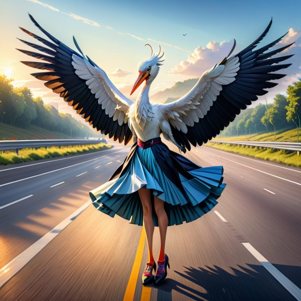 Drawing of a stork in a skirt on the highway