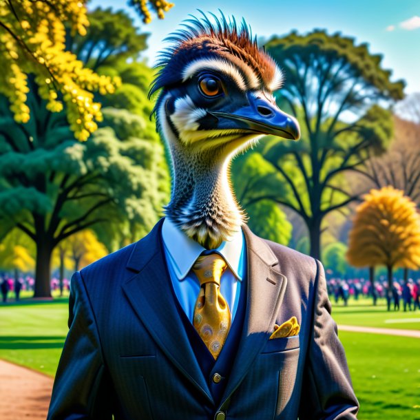 Image of a emu in a jacket in the park