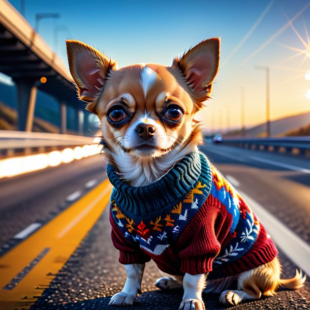 Imagem de um chihuahua em um suéter na estrada