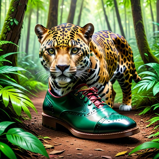 Foto de un jaguar en un zapato en el bosque