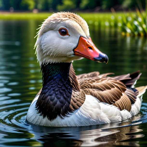 Image of a goose in a vest in the water