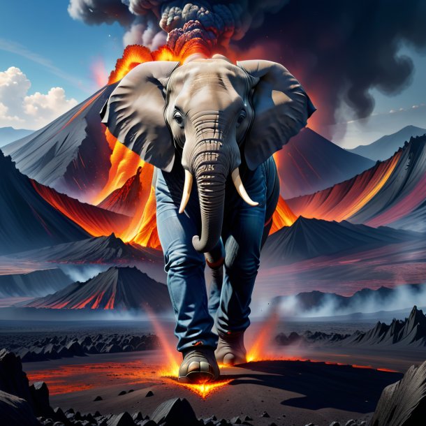 Drawing of a elephant in a jeans in the volcano