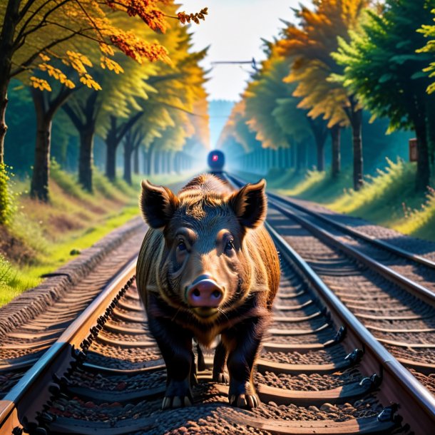 Image of a waiting of a boar on the railway tracks