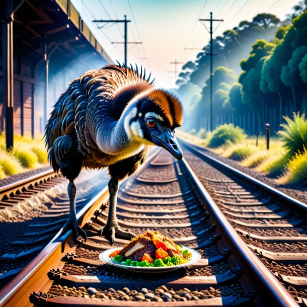 Foto de um comer de uma emu nos trilhos ferroviários