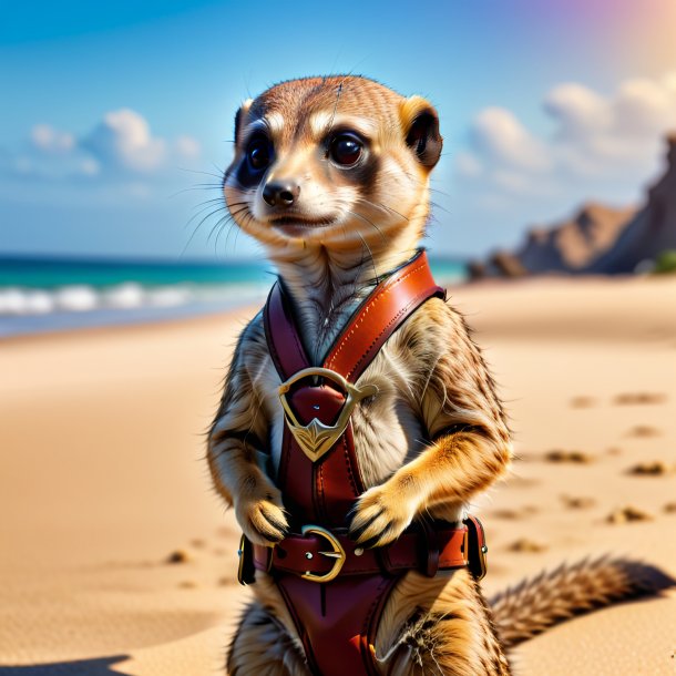 Image of a meerkat in a belt on the beach