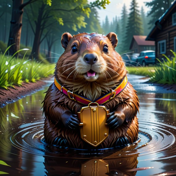 Illustration of a beaver in a belt in the puddle