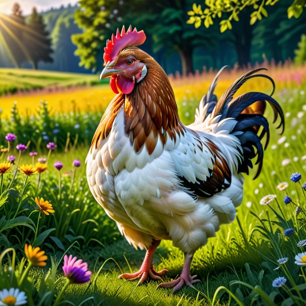 Image of a hen in a dress in the meadow