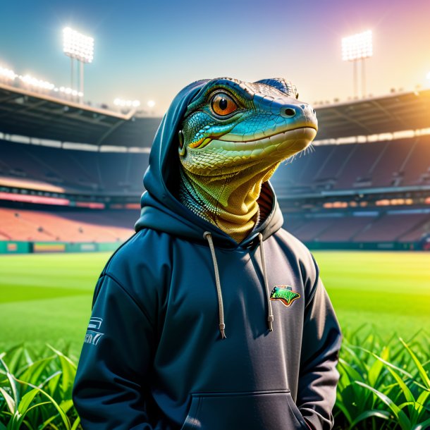 Imagem de um monitor lagarto em um hoodie no campo