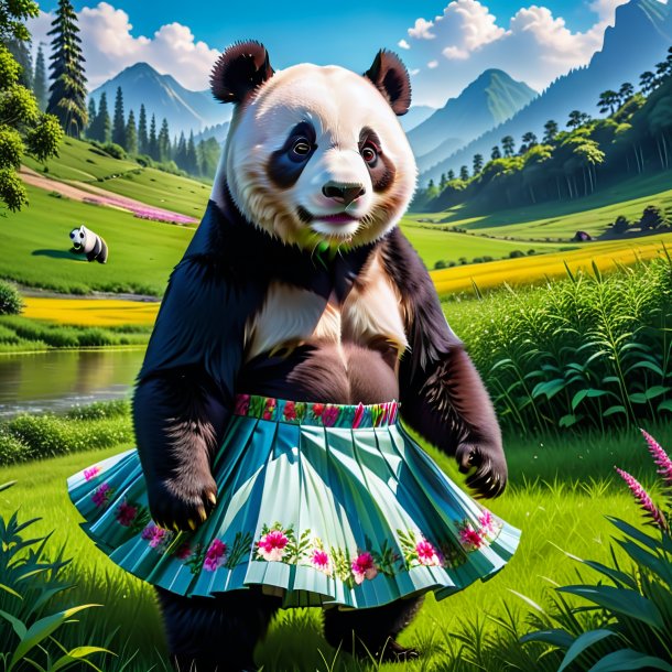 Pic of a giant panda in a skirt in the meadow