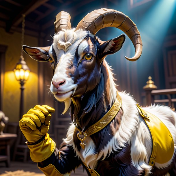 Pic of a goat in a yellow gloves