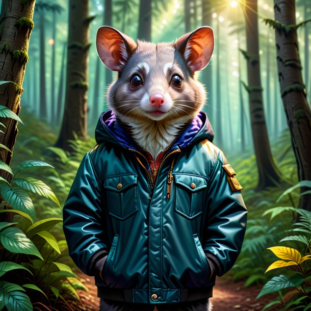 Illustration of a possum in a jacket in the forest