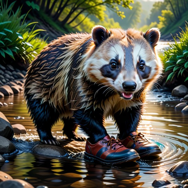 Picture of a badger in a shoes in the river