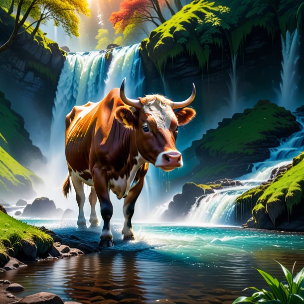 Picture of a eating of a cow in the waterfall