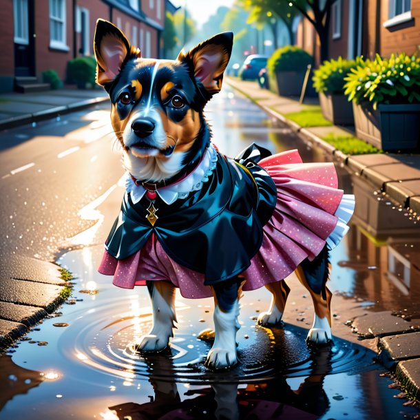 Illustration of a dog in a skirt in the puddle