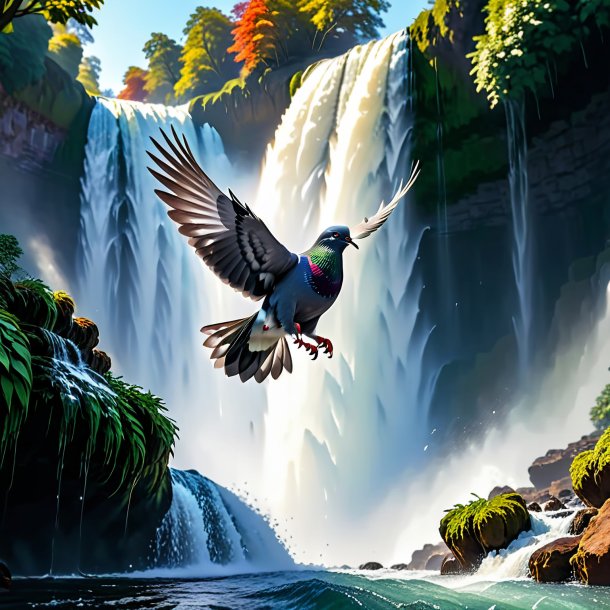 Pic of a jumping of a pigeon in the waterfall