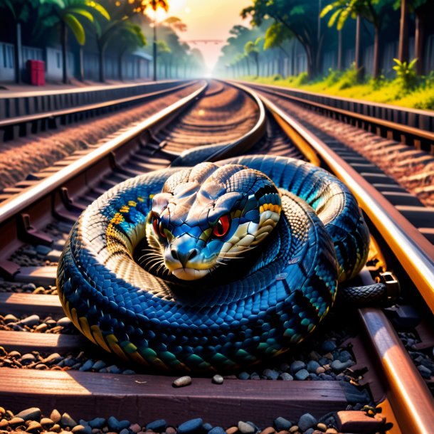 Imagem de um sono de uma cobra nos trilhos ferroviários