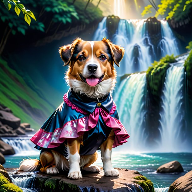 Image of a dog in a skirt in the waterfall