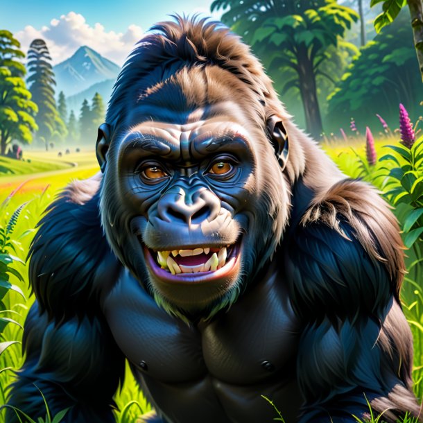 Image of a smiling of a gorilla in the meadow