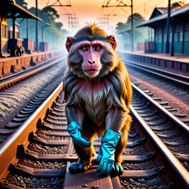 Image of a baboon in a gloves on the railway tracks