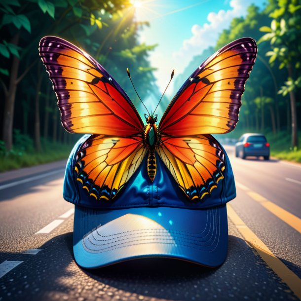 Illustration of a butterfly in a cap on the road