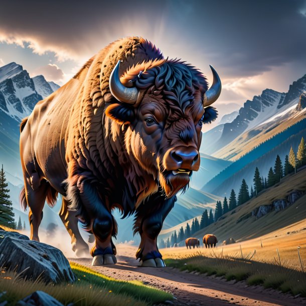 Pic of a threatening of a bison in the mountains