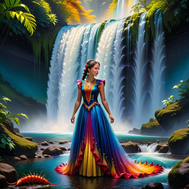 Picture of a centipede in a dress in the waterfall