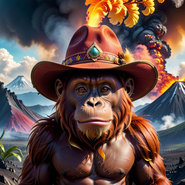 Image of a orangutan in a hat in the volcano