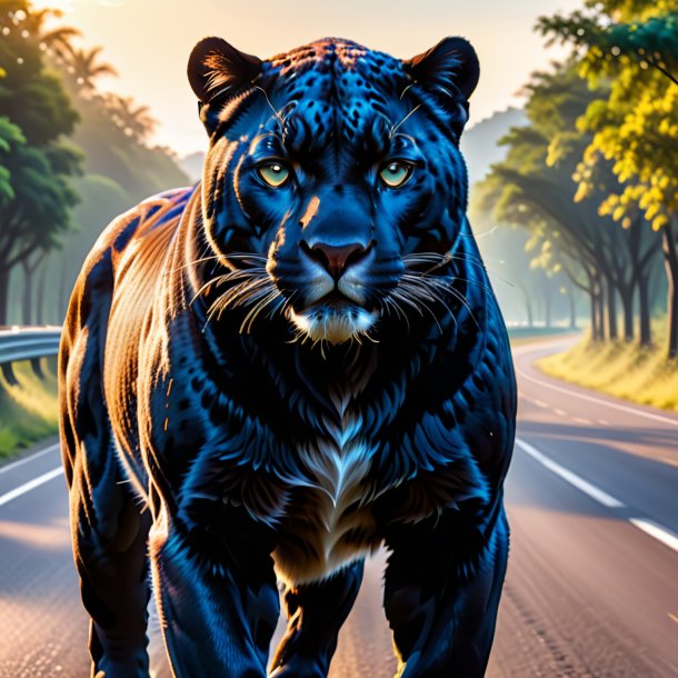 Picture of a panther in a belt on the road