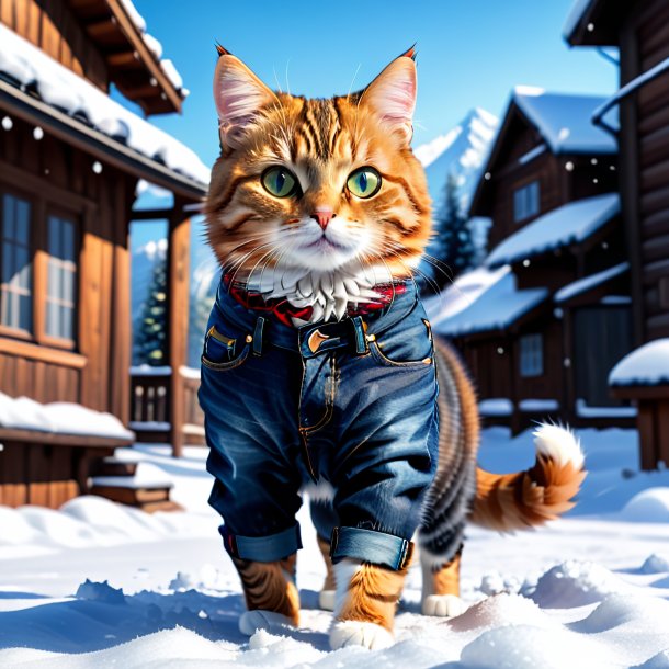 Pic d'un chat dans un jean dans la neige