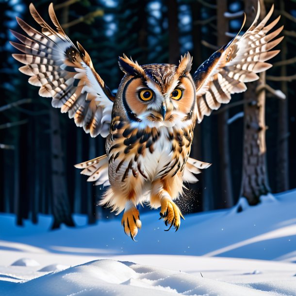 Image of a jumping of a owl in the snow