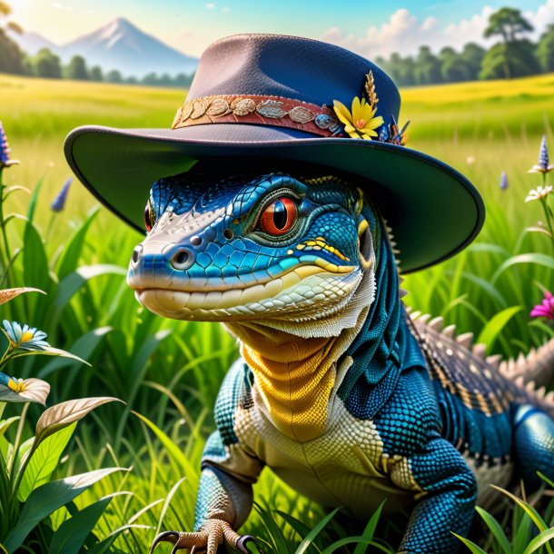 Drawing of a monitor lizard in a hat in the meadow