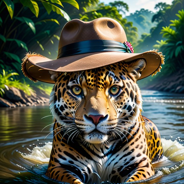 Image of a jaguar in a hat in the river