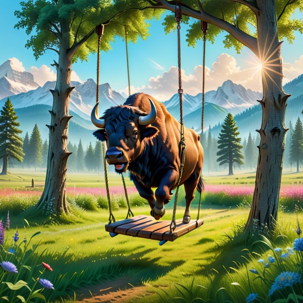 Photo of a swinging on a swing of a buffalo in the meadow