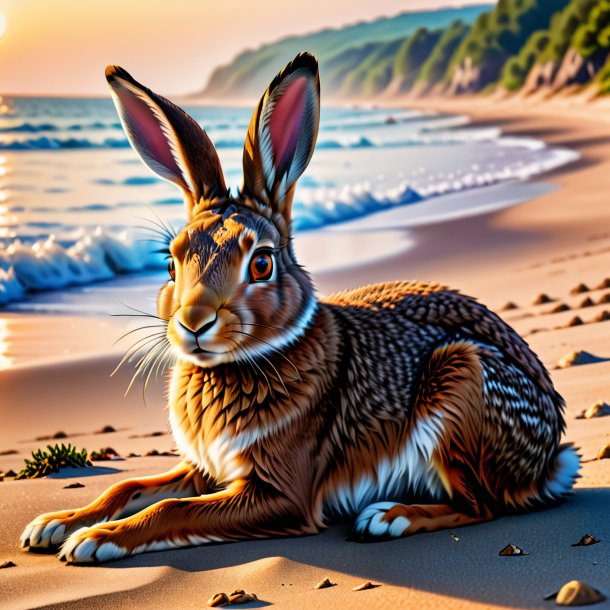 Photo of a resting of a hare on the beach