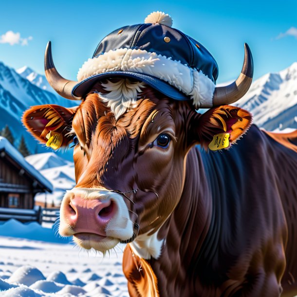 Foto de uma vaca em um boné na neve