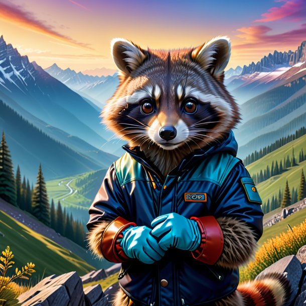 Drawing of a raccoon in a gloves in the mountains