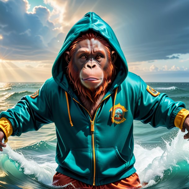 Photo of a orangutan in a hoodie in the sea