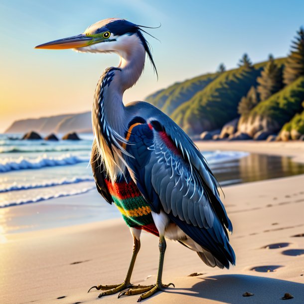 Image of a heron in a sweater on the beach