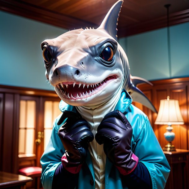 Photo of a hammerhead shark in a gloves in the house