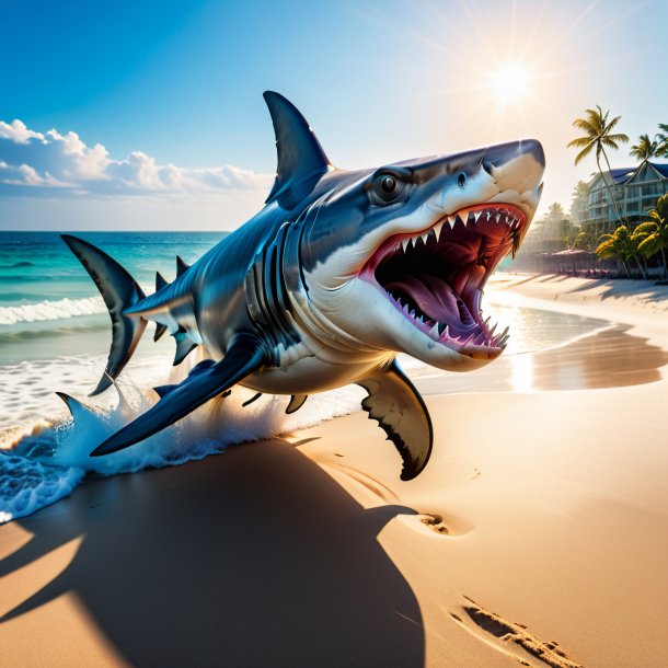 Foto de un enojado de un tiburón martillo en la playa