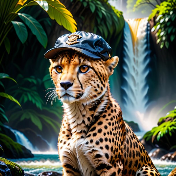 Picture of a cheetah in a cap in the waterfall