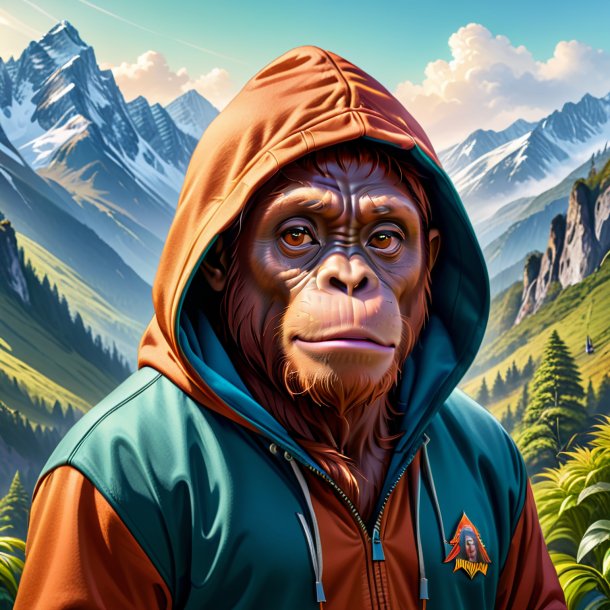 Illustration of a orangutan in a hoodie in the mountains