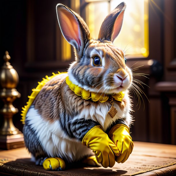 Photo d'un lapin dans un gants jaune