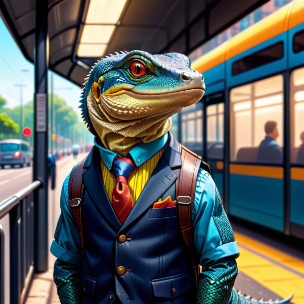 Desenho de um lagarto monitor em um colete no ponto de ônibus